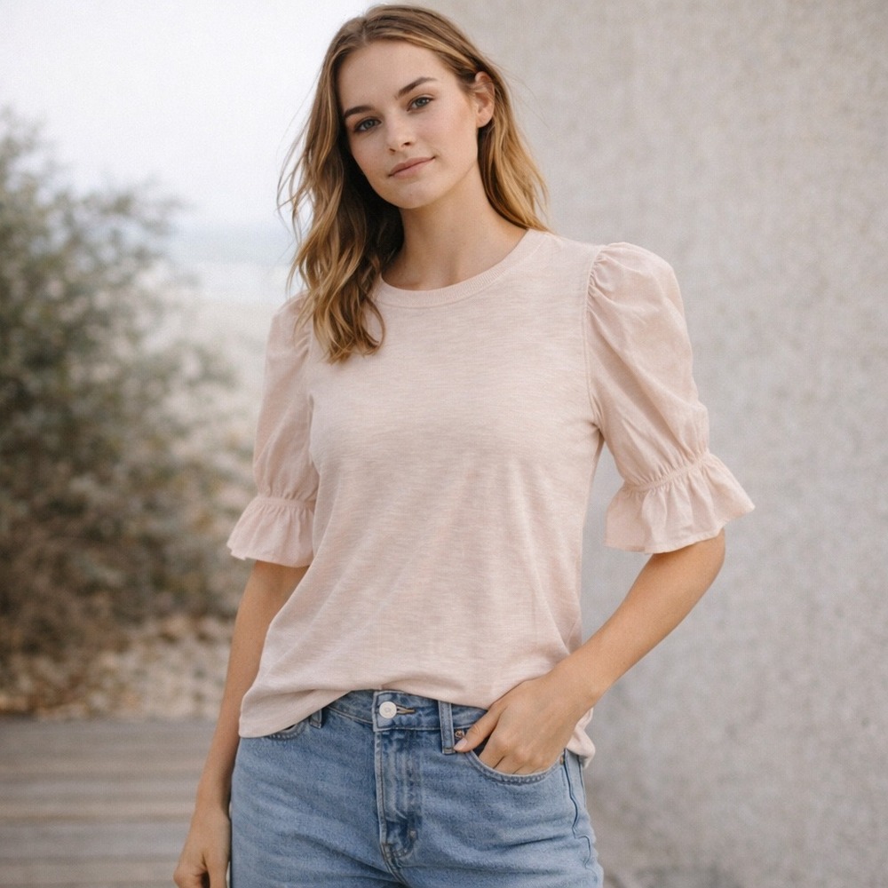 Nation LTD Bia Gathered Sleeve Top XS Frothy Blush Pink Pima Cotton 01094-00